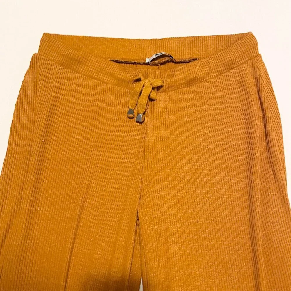 Zara Mustard Drawstring Wide Leg Trousers Womens Size Large - Picture 3 of 13